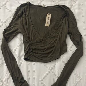 Garage Khaki Long Sleeve Wrap Crop Top